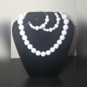 White Big Beaded Necklace with Hoop Earrings Set Costume Jewelry